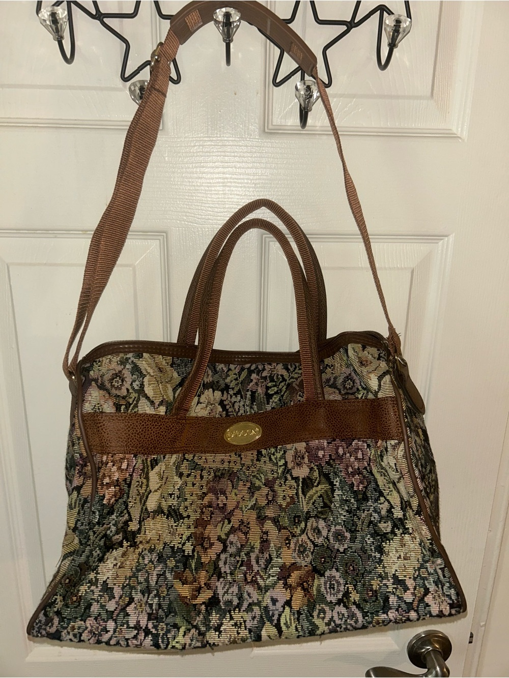 Floral Tapestry Weekender Bag with Brown Trim